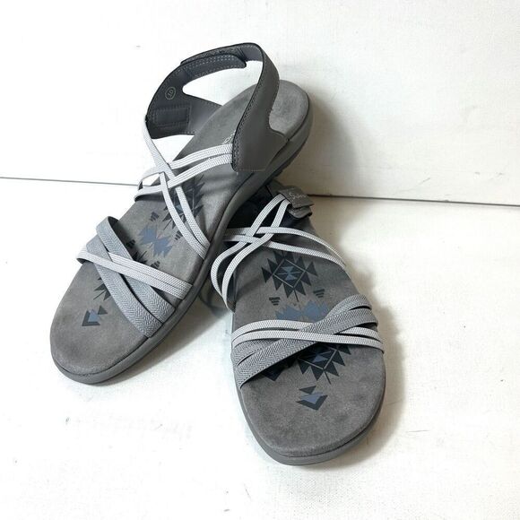 Skechers Memory Foam Womens 10 Gray Strappy Sandals Slip On Sling Back Flat Open - Picture 2 of 11